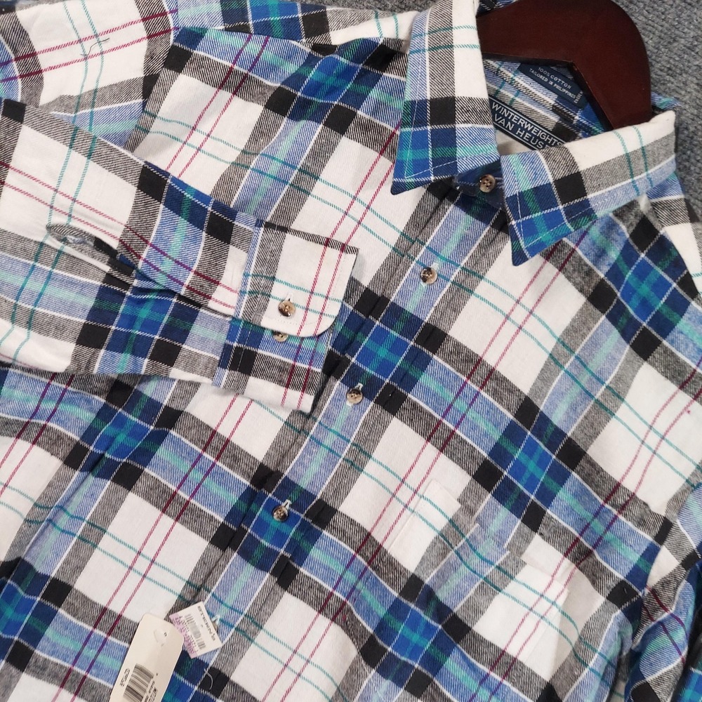 Van Heusen Shirt Mens XL Blue Plaid Long Sleeve Winterweights Flannel NEW